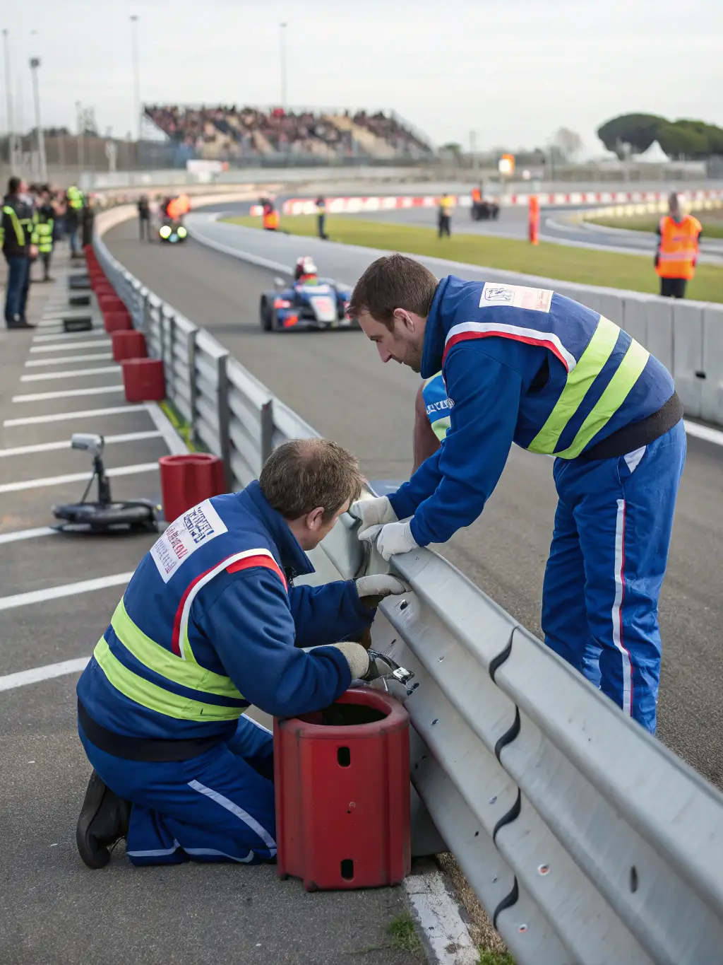Volunteers from Club Pro Team Sport De Grenoble assisting with track maintenance and safety checks during a local racing event, highlighting the club's community involvement.