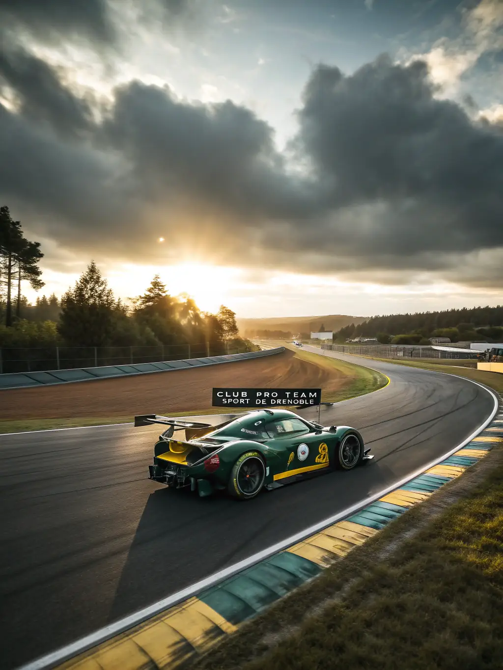 A dynamic image of a race car, branded with the Club Pro Team Sport De Grenoble logo, speeding around a track during a competitive event.