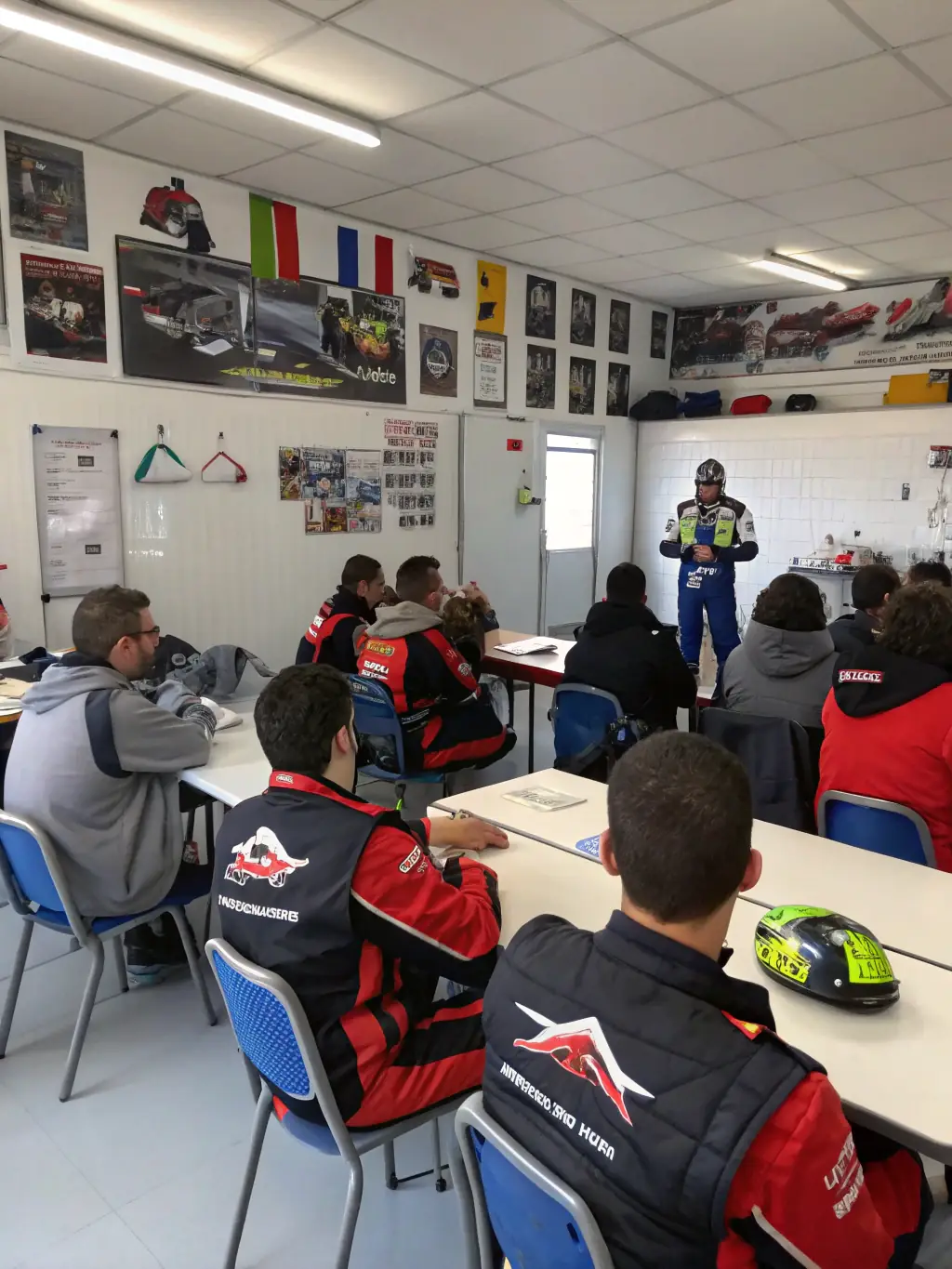 A group of motorsport enthusiasts gathered in a classroom setting, participating in a training session led by experienced instructors from Club Pro Team Sport De Grenoble.