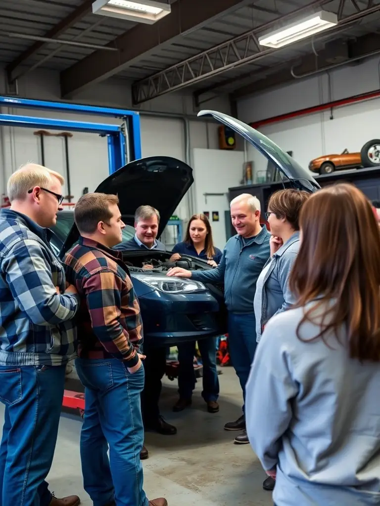 A diverse group of motorsport enthusiasts participating in a Club Pro Team Sport De Grenoble workshop on vehicle maintenance and safety.