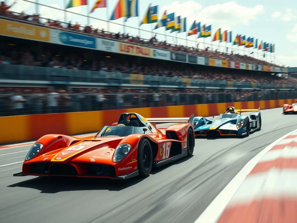 A vibrant image capturing the excitement of a Club Pro Team Sport De Grenoble racing event, showcasing cars speeding around a track with enthusiastic spectators in the background.
