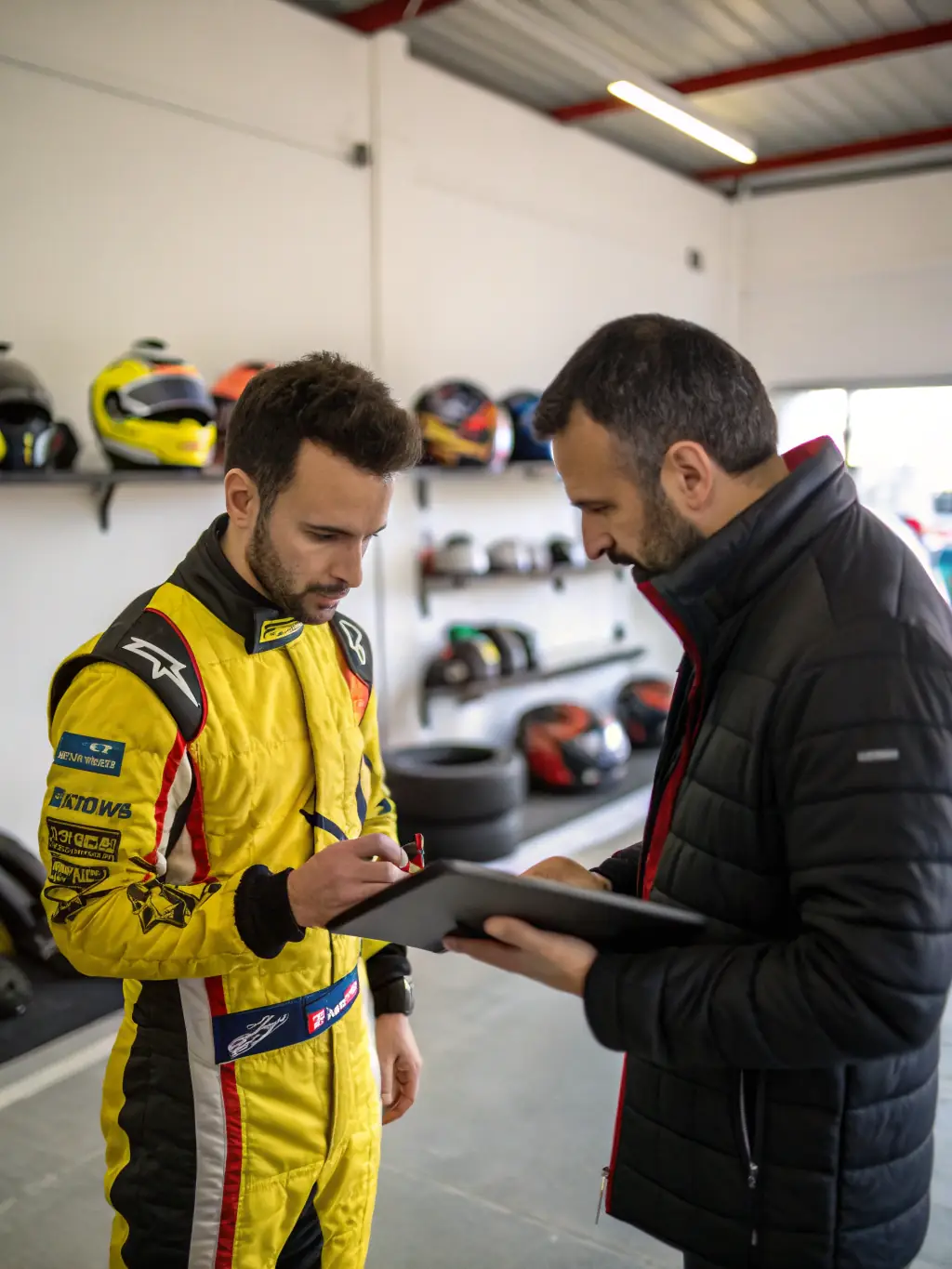 A group of drivers in racing suits receiving instruction from a seasoned motorsport professional during a Club Pro Team Sport De Grenoble training session.