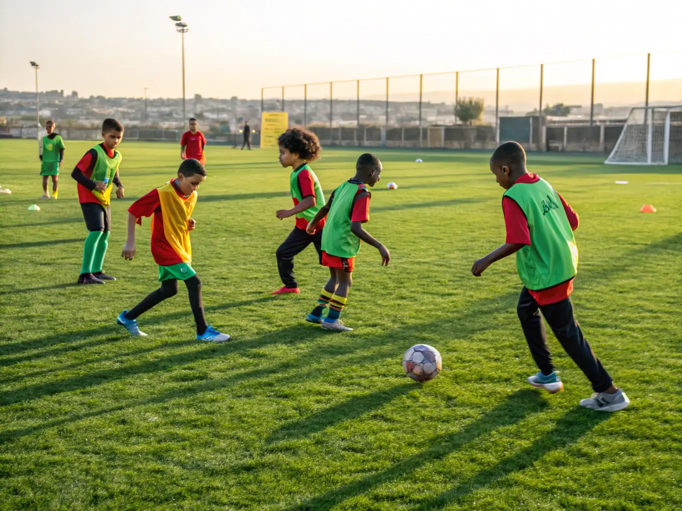 A dynamic image of young athletes participating in a soccer training session, showcasing teamwork and skill development under the guidance of experienced coaches.
