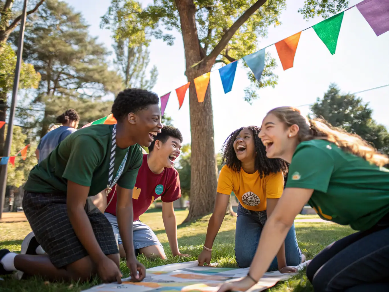 A vibrant image of young athletes from CPTSDGAPTS collaborating during a team-building exercise, showcasing teamwork and camaraderie.