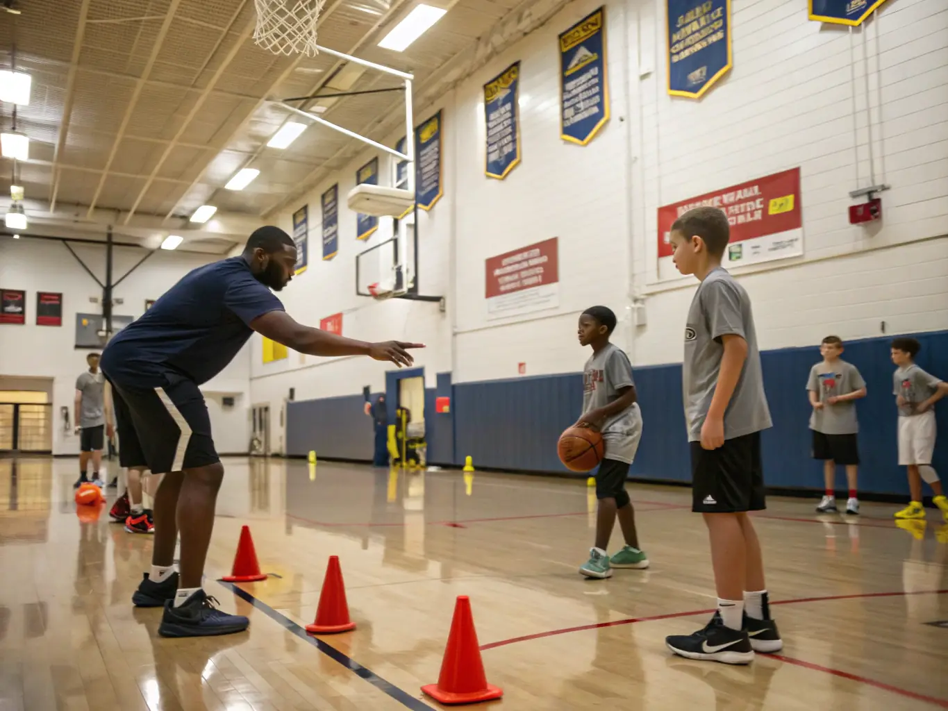 An image of young basketball players practicing drills, emphasizing agility, coordination, and strategic thinking.
